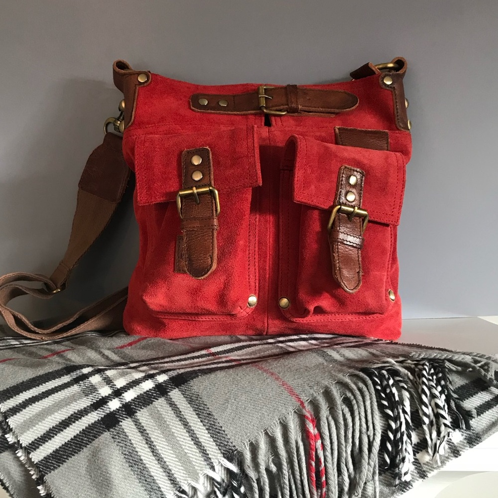 NWT Mo & Co Red Suede & brown Leather HandBag Crossbody Shoulder bag
